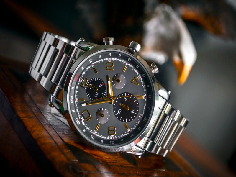 Silver and Black Round Chronograph Watch